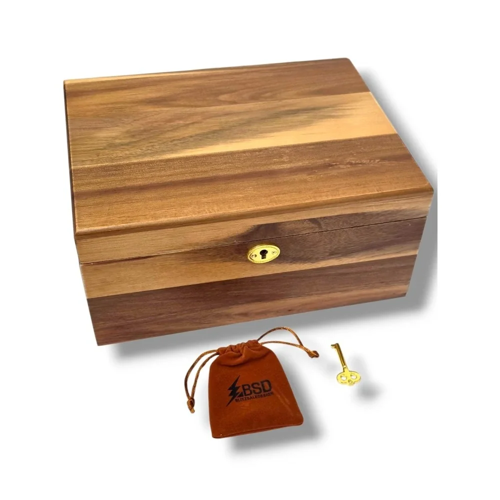 BSD Acacia Wood Keepsake Box With Lock Key Wooden Decorative Treasure Chest